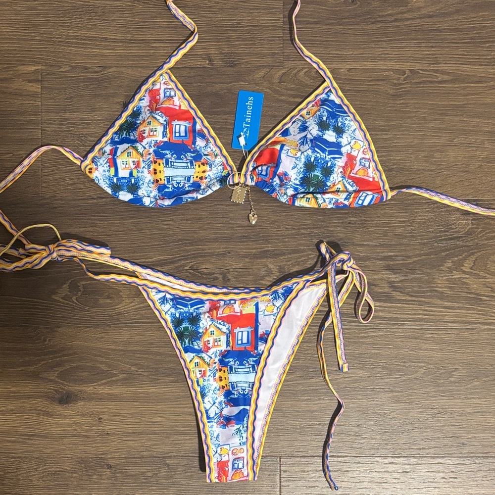 NWT Printed Bikini Set with Charms on Top and Tie Sides Both Size Small